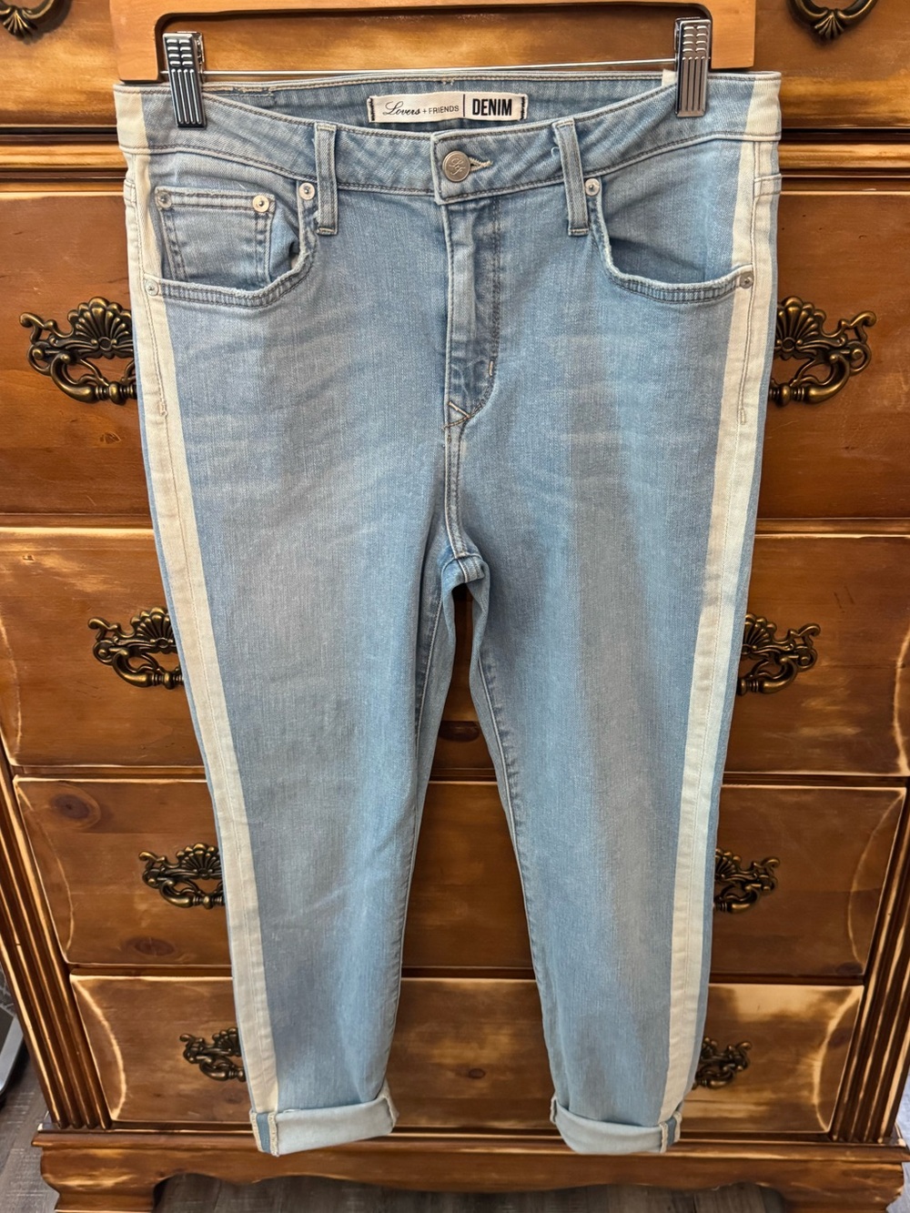 Lovers + Friends Denim Side Stripe Jeans Light Wash Skinny Ankle Raw Hem